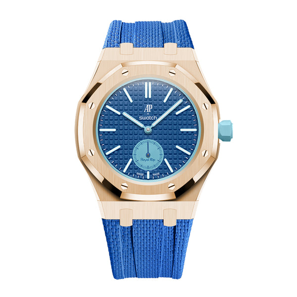 Full Frame Stainless Steel Rosé Gold Rubber Strap Case for AP X Swatch Royal Pop Lan Ba