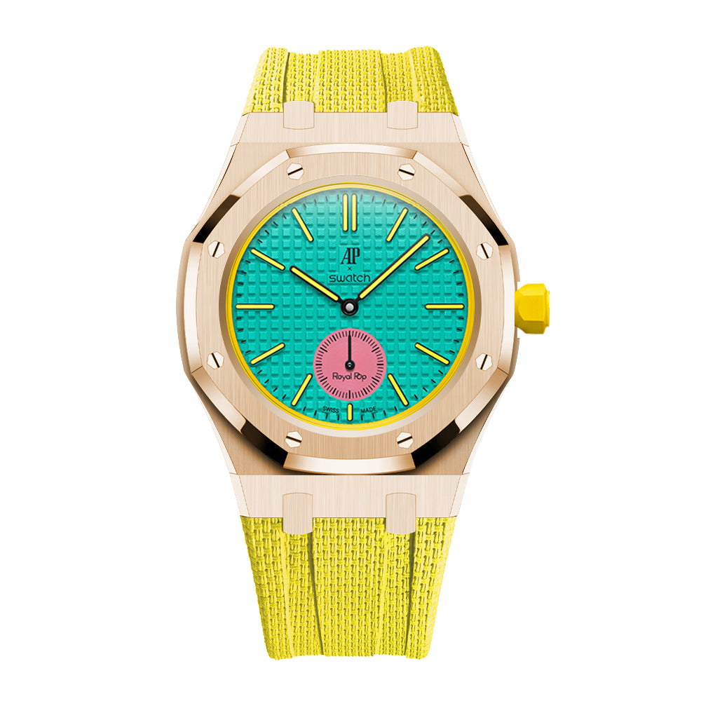 Full-Frame-Gehäuse Edelstahl Roségold mit Kautschukband für AP x Swatch Royal Pop Lan Ba