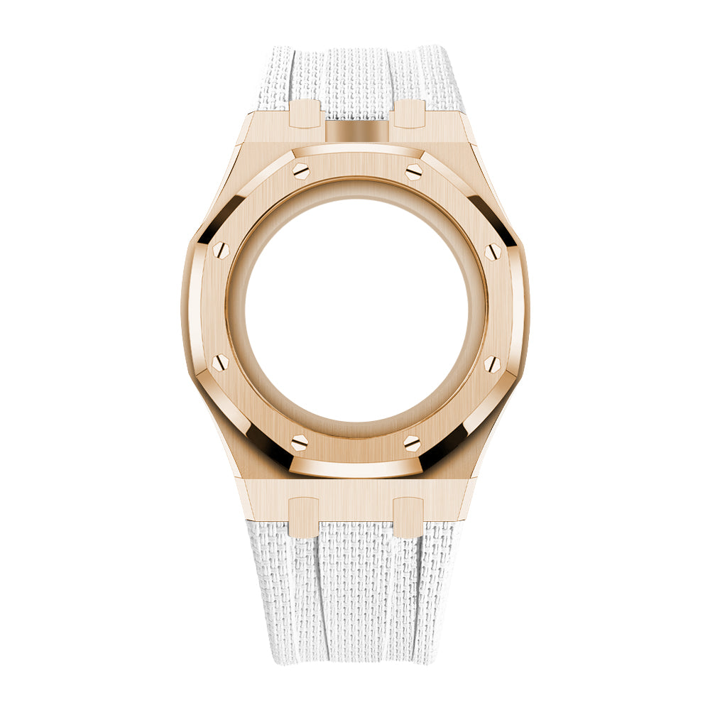 Full-Frame-Gehäuse Edelstahl Roségold mit Kautschukband für AP x Swatch Huit Blanc