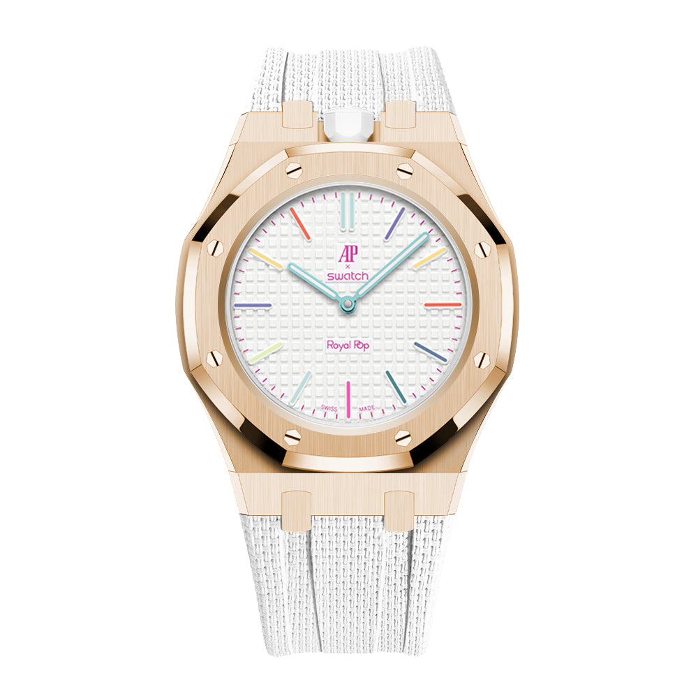Full-Frame-Gehäuse Edelstahl Roségold mit Kautschukband für AP x Swatch Huit Blanc
