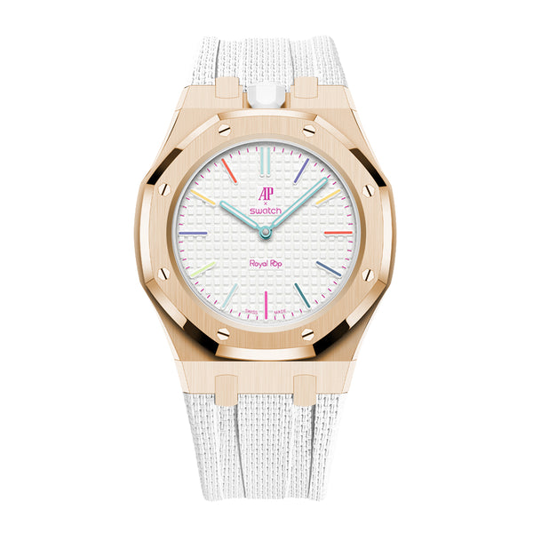 Full Frame Stainless Steel Rosé Gold Rubber Strap Case For AP x Swatch Huit Blanc