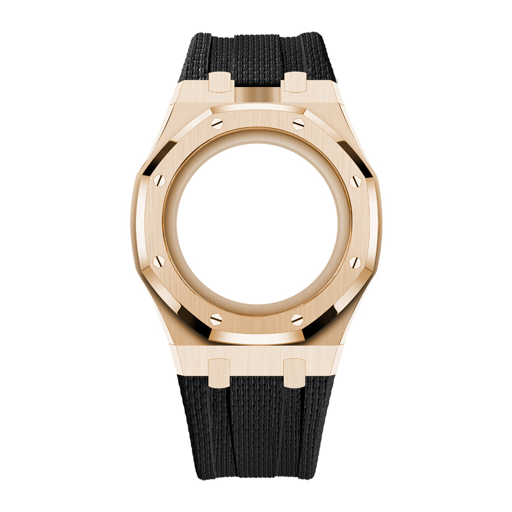 Full Frame Cover Stainless Steel Rosé Gold Rubber Strap Case for AP X Swatch Royal Pop Ocho Negro