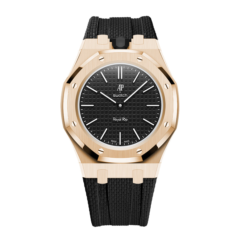 Full Frame Cover Stainless Steel Rosé Gold Rubber Strap Case for AP X Swatch Royal Pop Ocho Negro