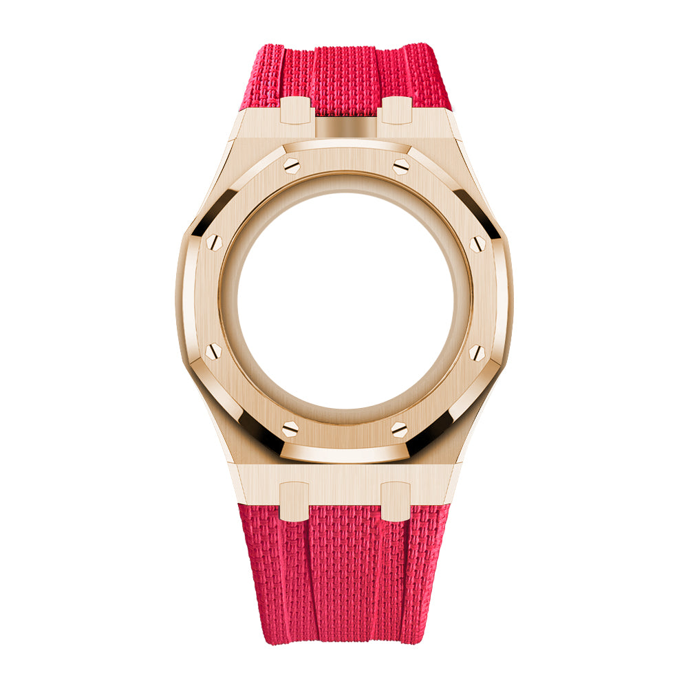 Full Frame Cover Stainless Steel Rosé Gold Rubber Strap Case for AP X Swatch Royal Pop Otto Rosso