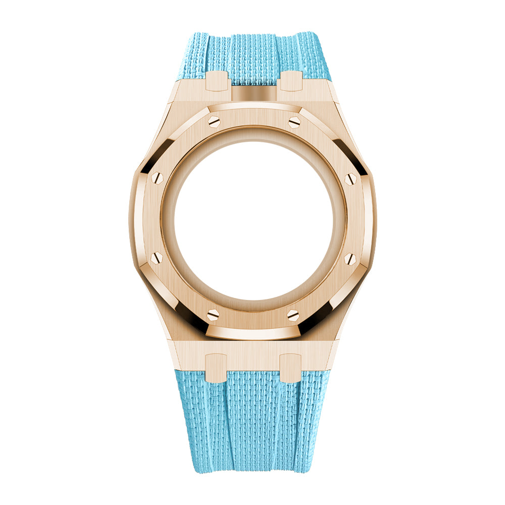 Full Frame Cover Stainless Steel Rosé Gold Rubber Strap Case for AP X Swatch Royal Pop Blaue Acht