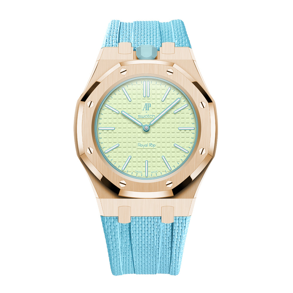 Full Frame Cover Stainless Steel Rosé Gold Rubber Strap Case for AP X Swatch Royal Pop Blaue Acht