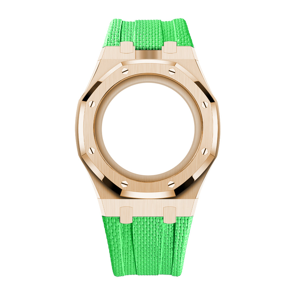 Full Frame Cover Stainless Steel Rosé Gold Rubber Strap Case for AP X Swatch Royal Pop Green Eight