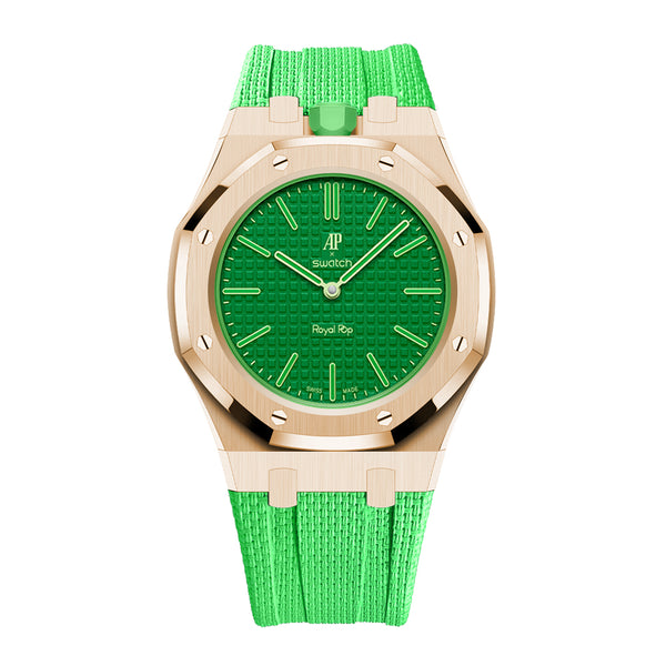 Full Frame Cover Stainless Steel Rosé Gold Rubber Strap Case for AP X Swatch Royal Pop Green Eight