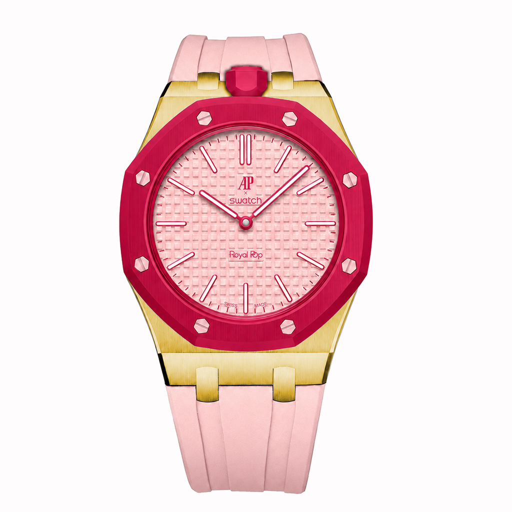 Stainless Steel Yellow Gold Rubber Strap Case For AP x Swatch Royal Pop Otto Rosso