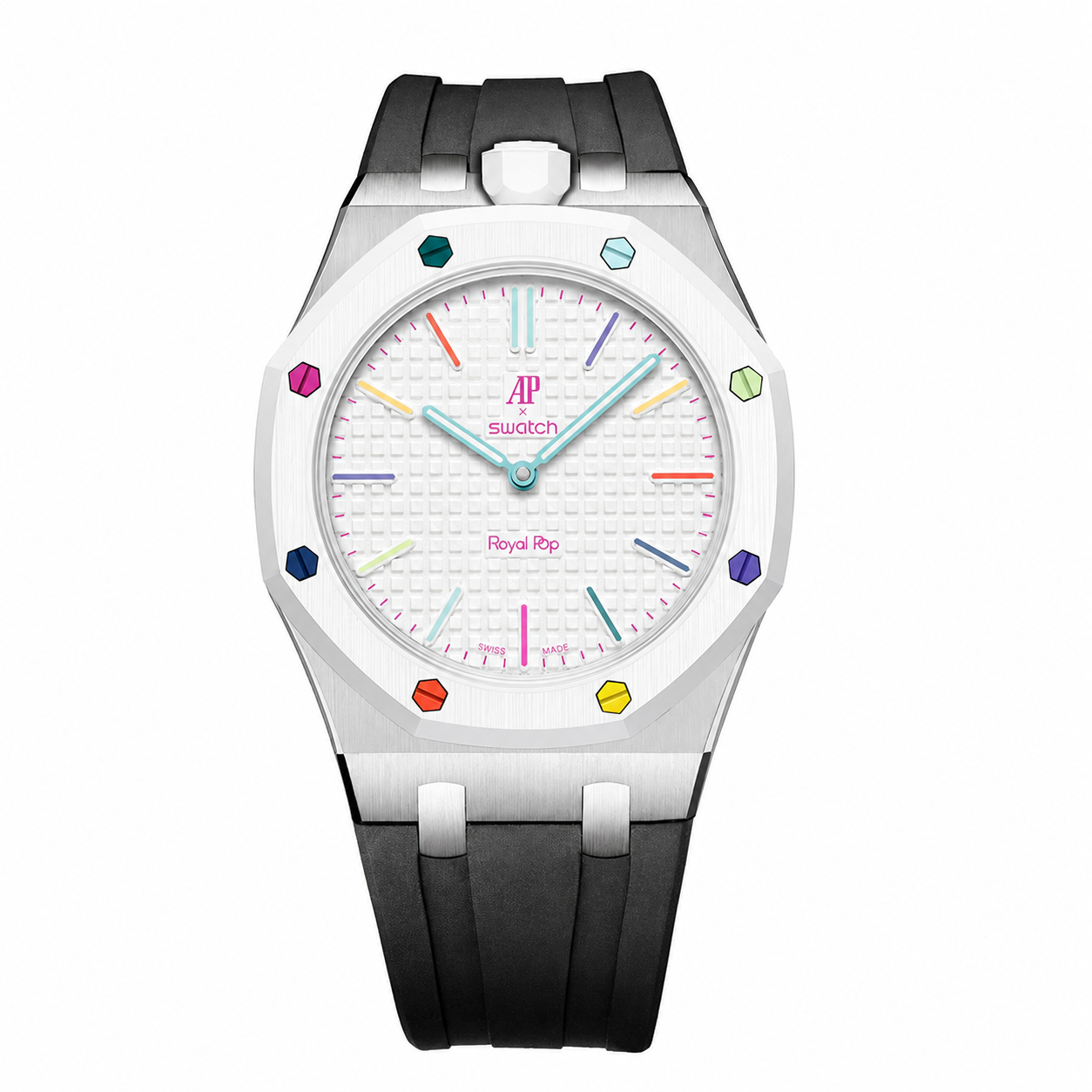 Stainless Steel Rubber Strap Case For AP x Swatch Royal Pop Huit Blanc