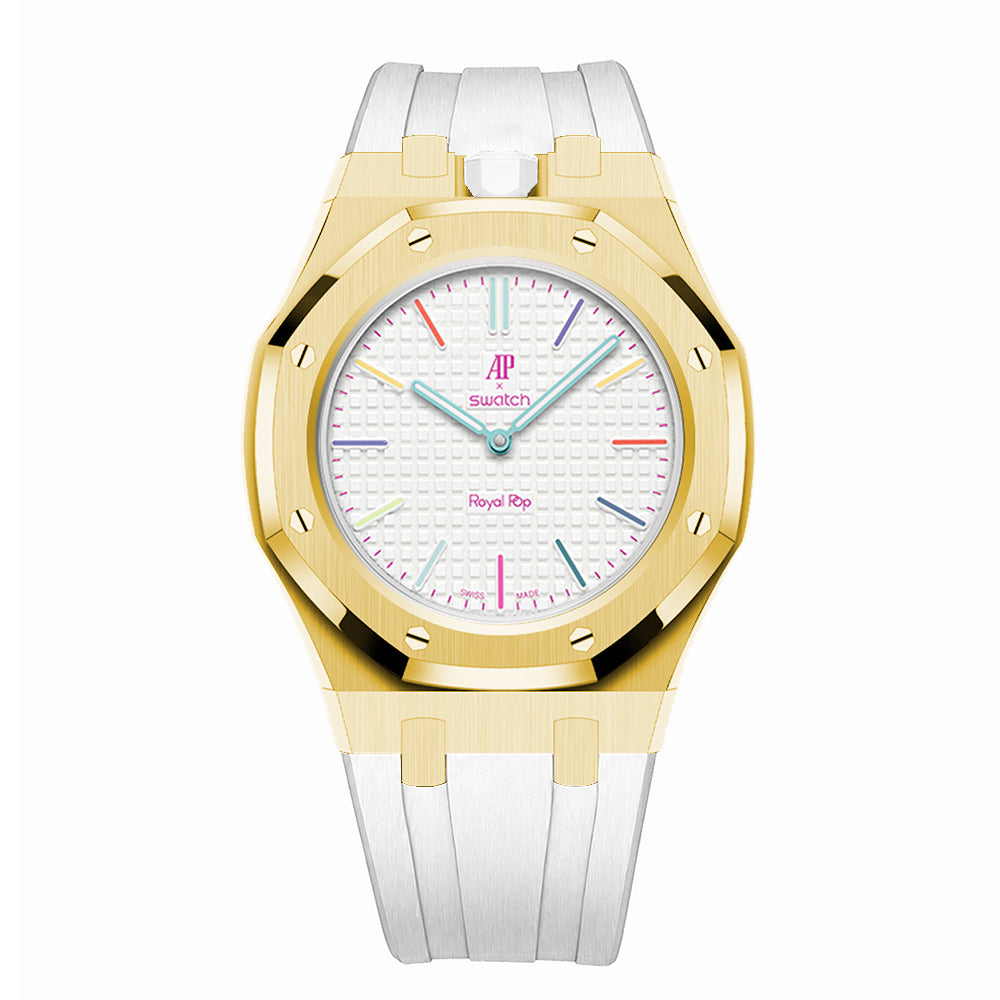 Full Frame Stainless Steel Yellow Gold Rubber Strap Case for AP X Swatch Royal Pop Huit Blanc