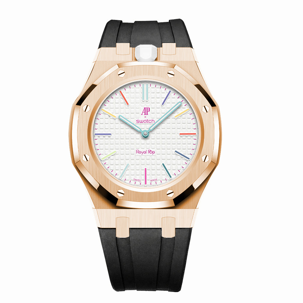 Full Frame Stainless Steel Rosé Gold Plain Rubber Strap Case for AP X Swatch Royal Pop Huit Blanc