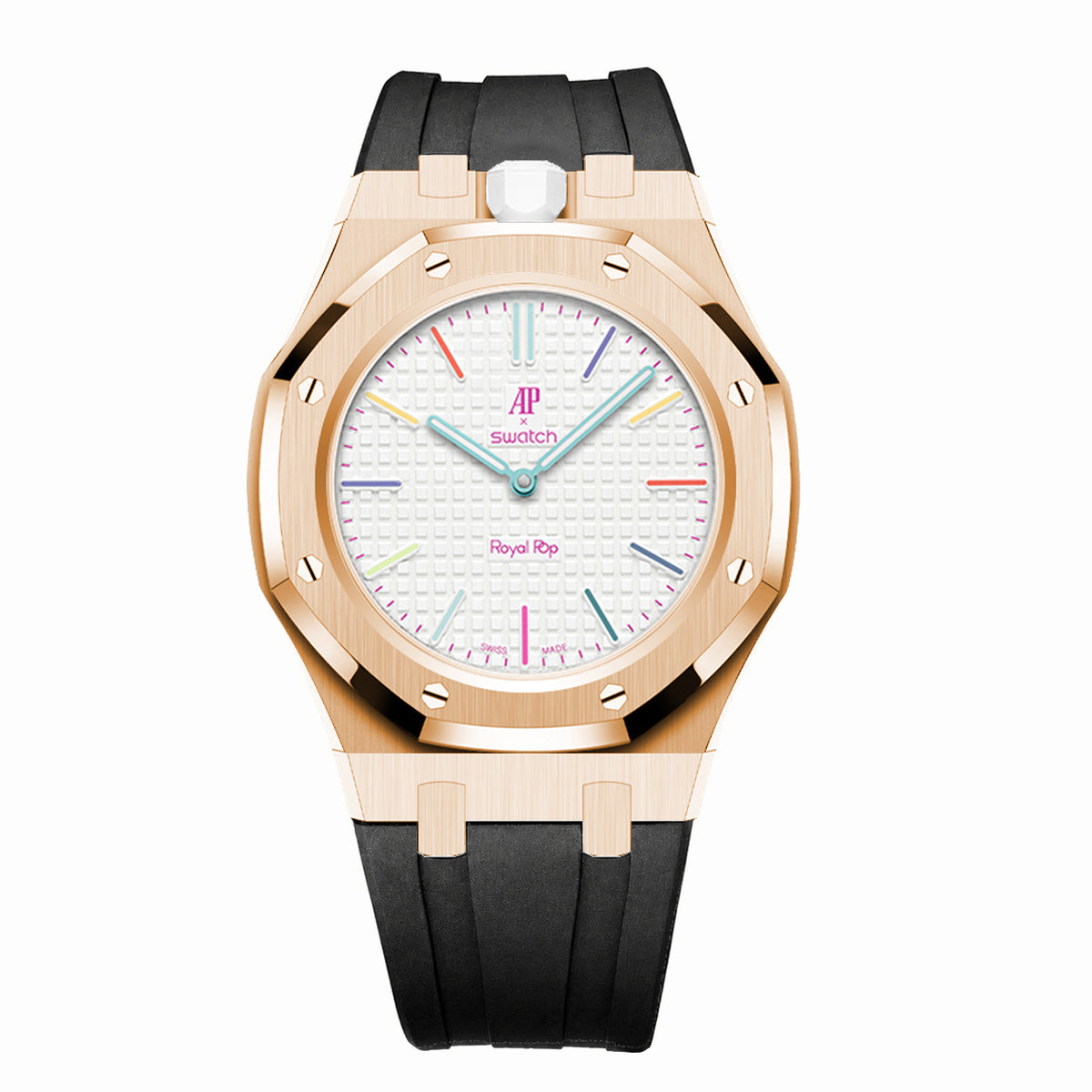 Full Frame Stainless Steel Rosé Gold Plain Rubber Strap Case for AP X Swatch Royal Pop Huit Blanc