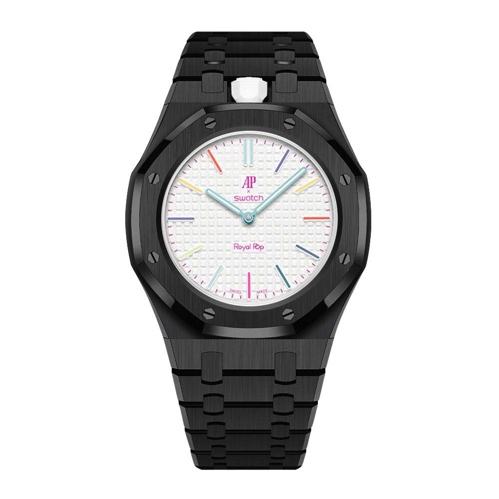 Full Frame Cover Stainless Steel Black Bracelet Case for AP X Swatch Royal Pop Huit Blanc