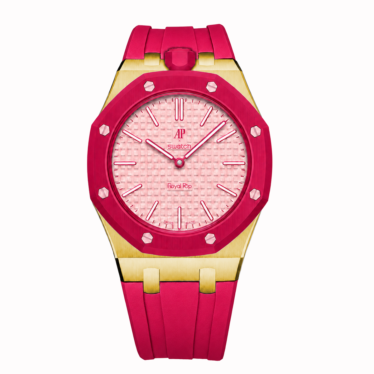 Stainless Steel Yellow Gold Rubber Strap Case For AP x Swatch Royal Pop Otto Rosso