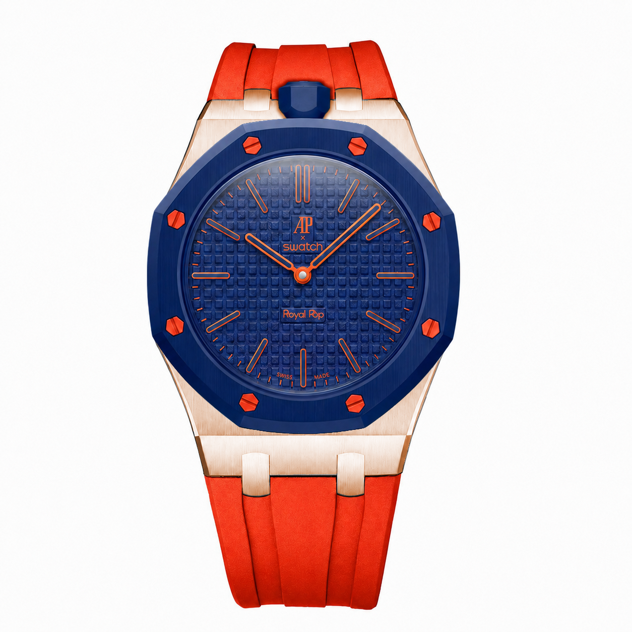 Stainless Steel Rosé Gold Rubber Strap Case For AP x Swatch Royal Pop Orenji Hachi