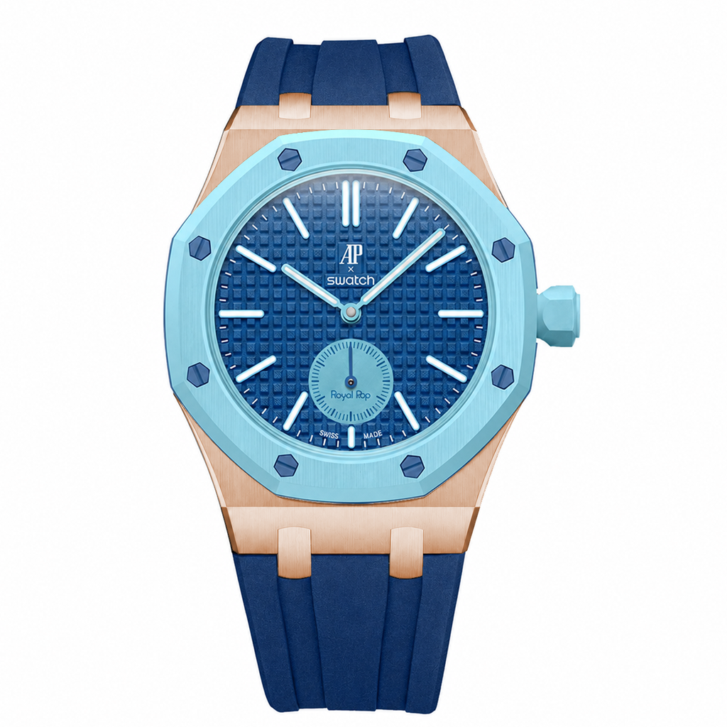 Stainless Steel Rosé Gold Rubber Strap Case For AP x Swatch Royal Pop Làn Ba