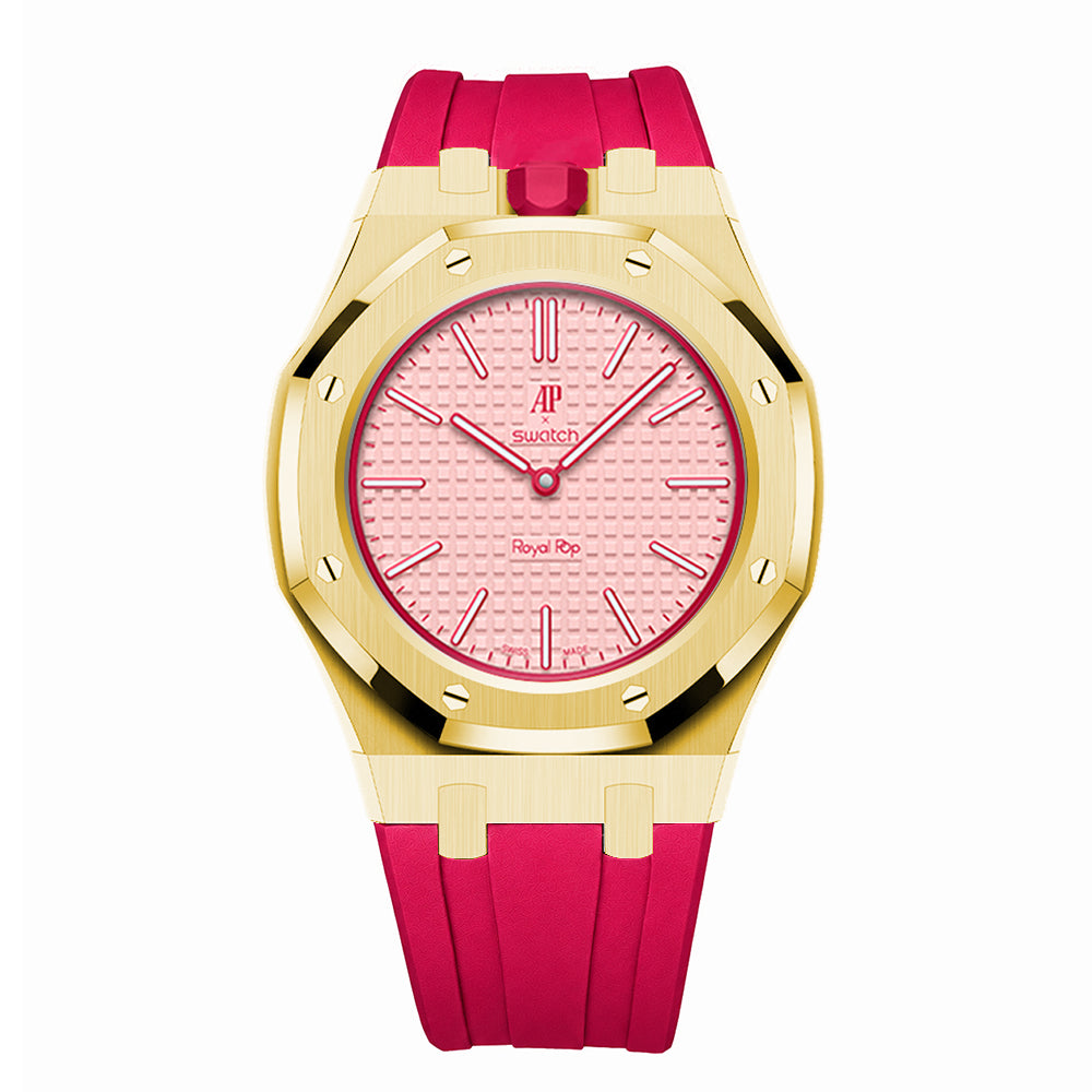 Full Frame Stainless Steel Yellow Gold Rubber Strap Case for AP X Swatch Royal Pop Otto Rosso