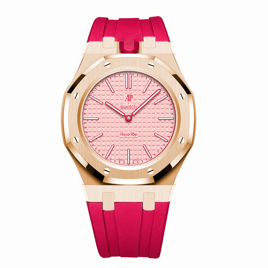 Full Frame Stainless Steel Rosé Gold Plain Rubber Strap Case for AP X Swatch Royal Pop Otto Rosso