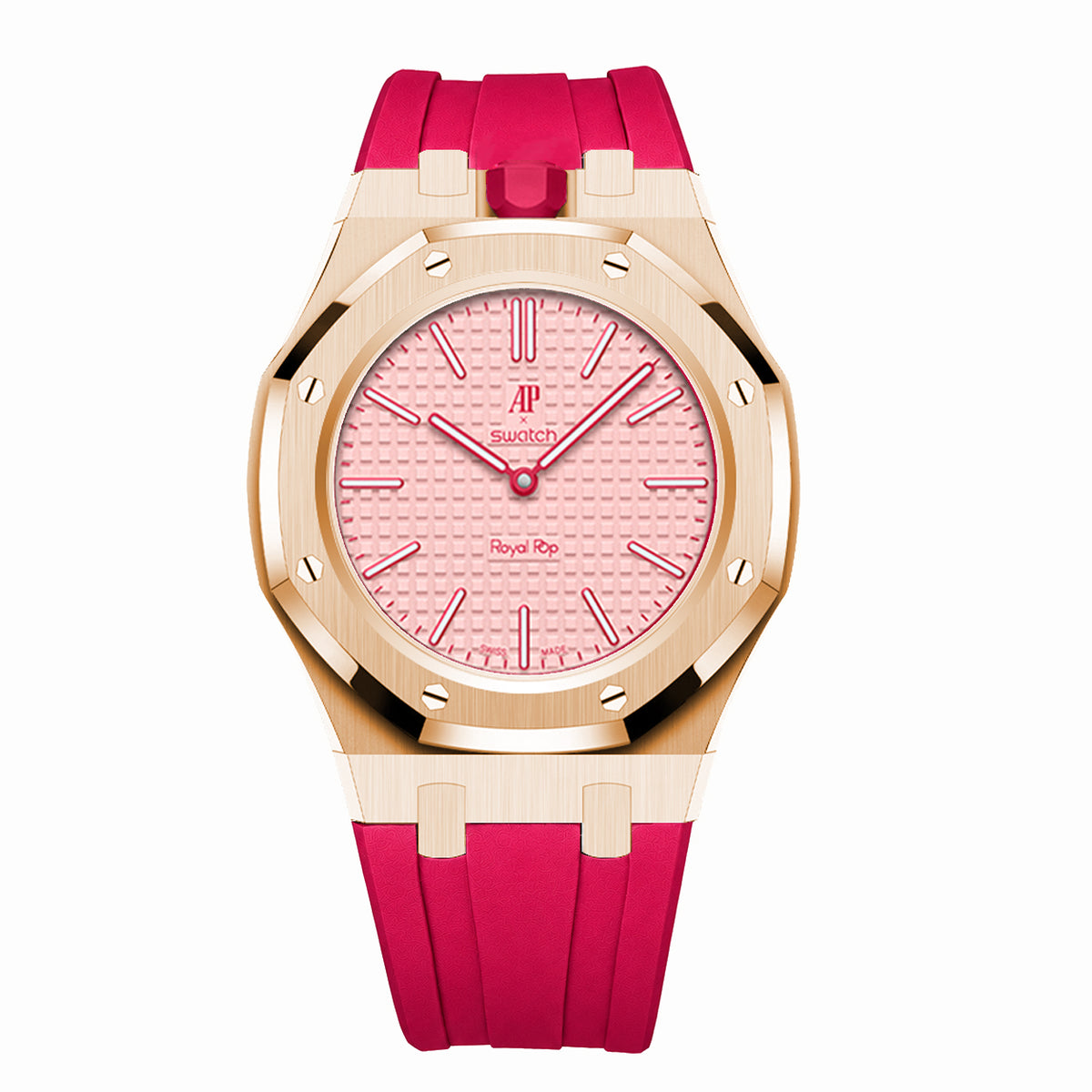 Full Frame Stainless Steel Rosé Gold Plain Rubber Strap Case for AP X Swatch Royal Pop Otto Rosso
