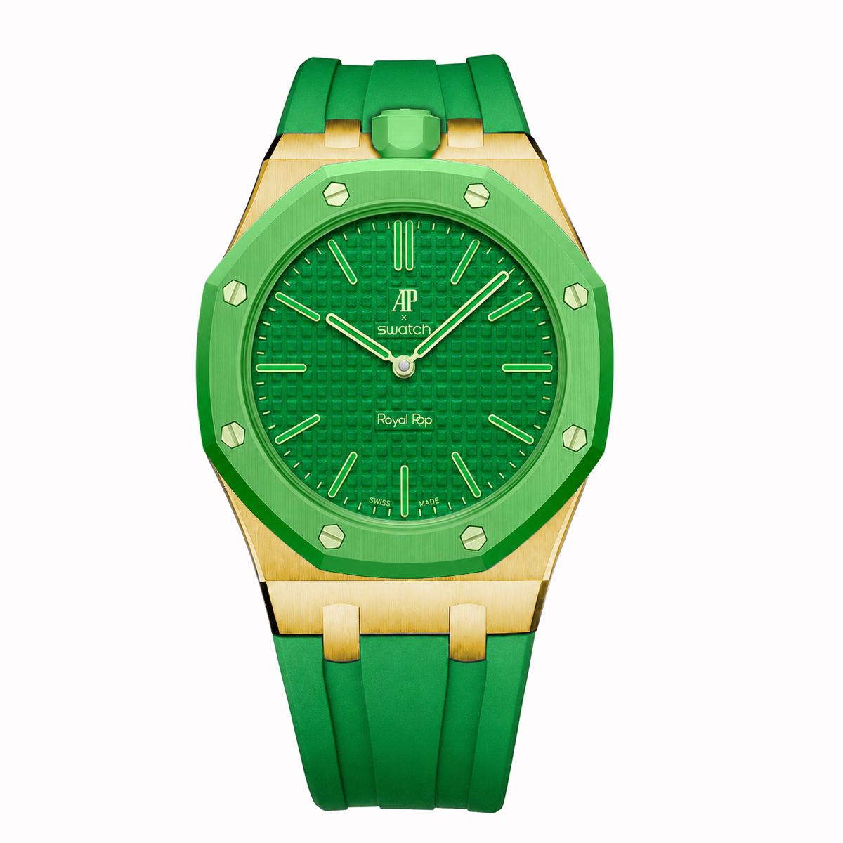 Stainless Steel Yellow Gold Rubber Strap Case For AP x Swatch Royal Pop Green Eight