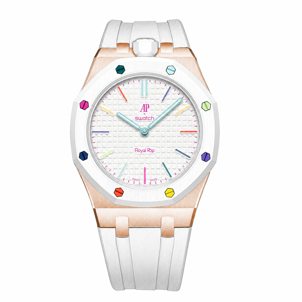 Stainless Steel Rosé Gold Rubber Strap Case For AP x Swatch Royal Pop Huit Blanc