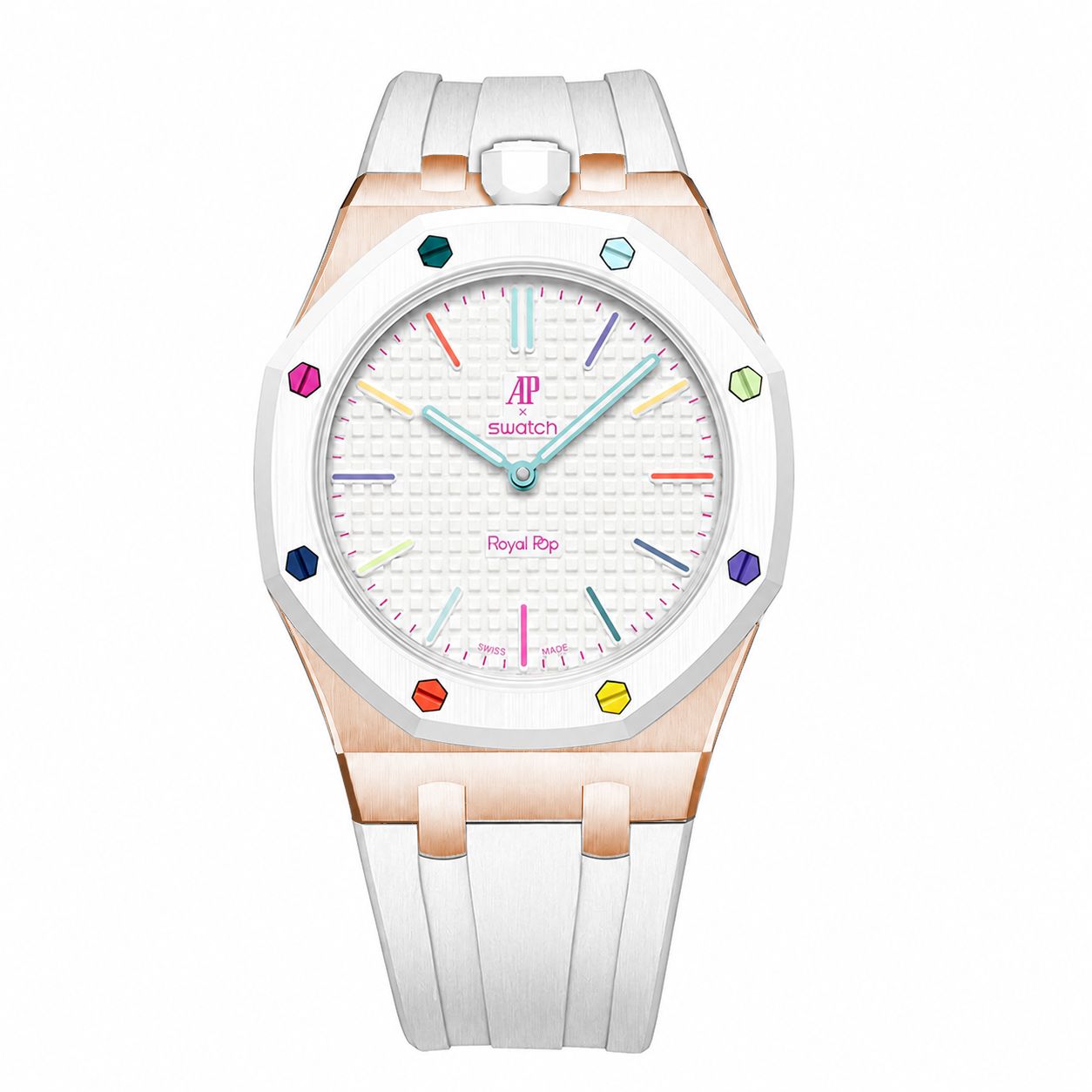 Stainless Steel Rosé Gold Rubber Strap Case For AP x Swatch Royal Pop Huit Blanc