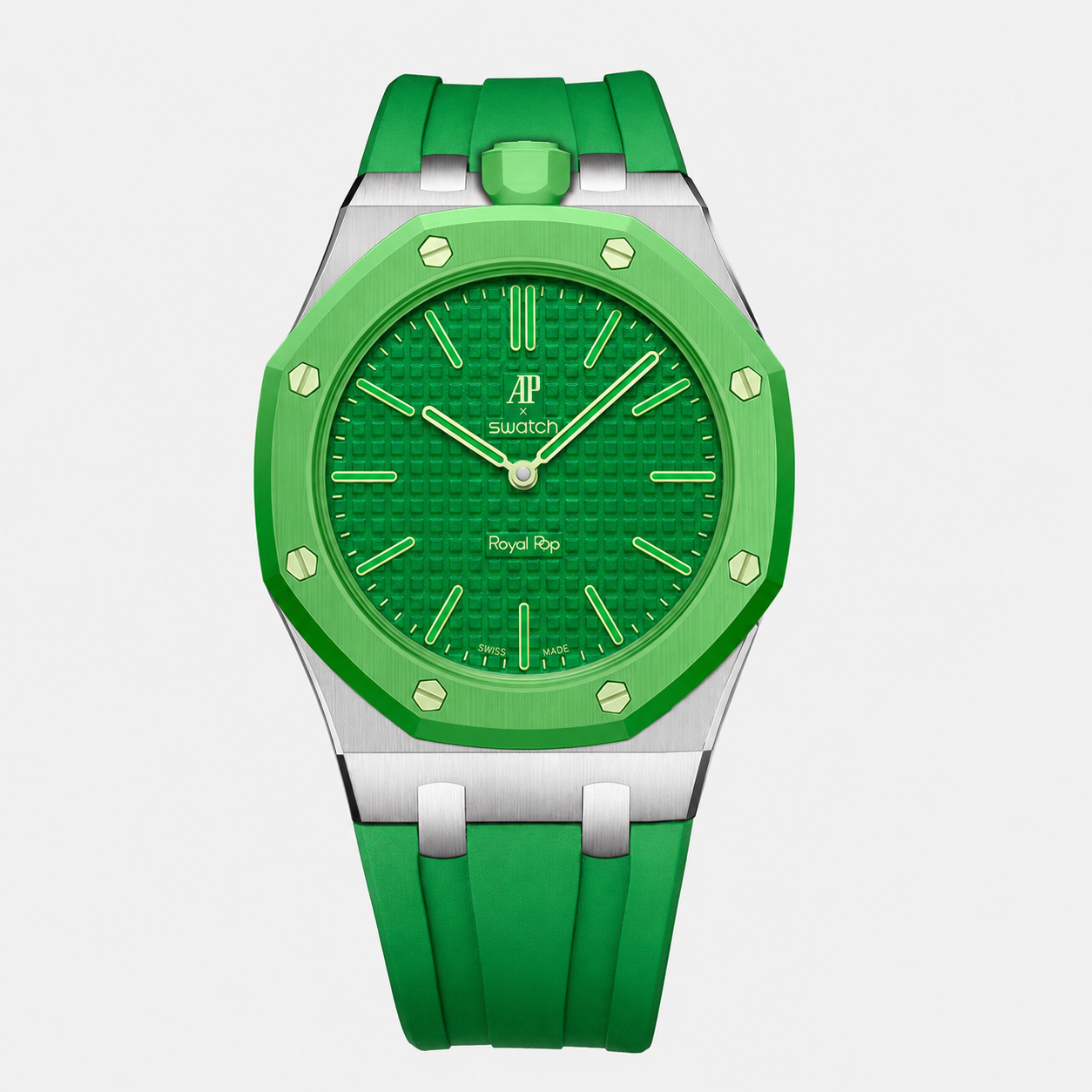 Stainless Steel Rubber Strap Case For AP x Swatch Royal Pop Green Eight