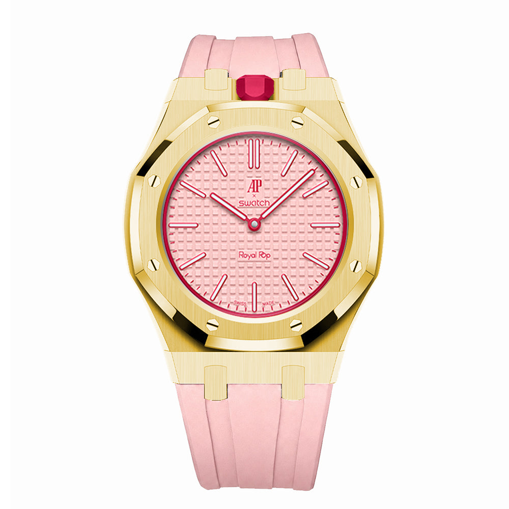 Full Frame Stainless Steel Yellow Gold Rubber Strap Case for AP X Swatch Royal Pop Otto Rosso