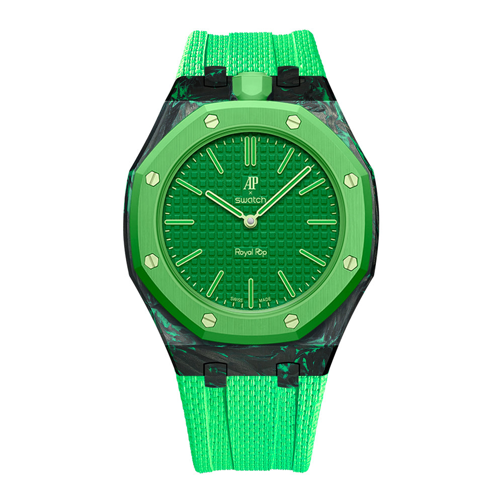 Carbon Fiber Rubber Strap Case for AP X Swatch Royal Pop Green Eight