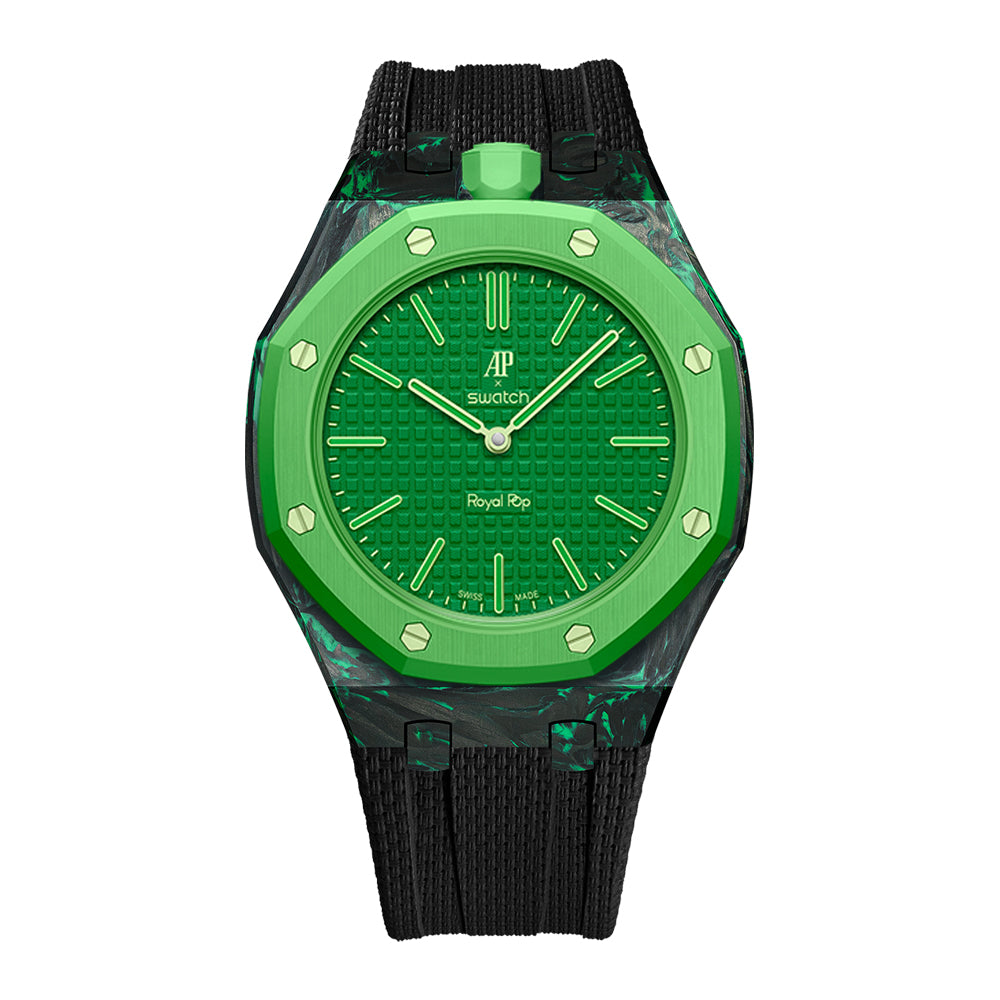 Carbon Fiber Rubber Strap Case for AP X Swatch Royal Pop Green Eight