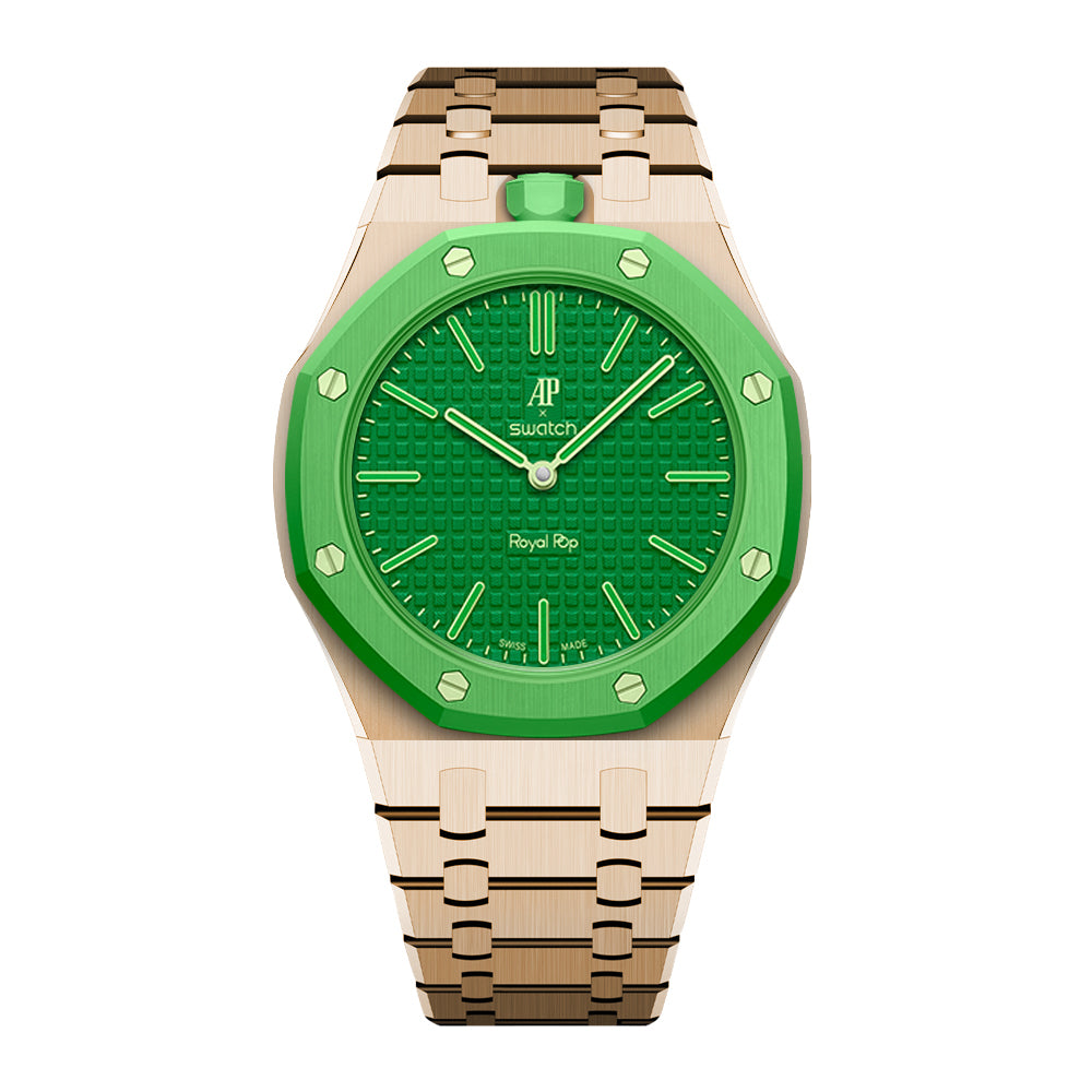 Stainless Steel Rosé Gold Bracelet Case For AP x Swatch Royal Pop Green Eight