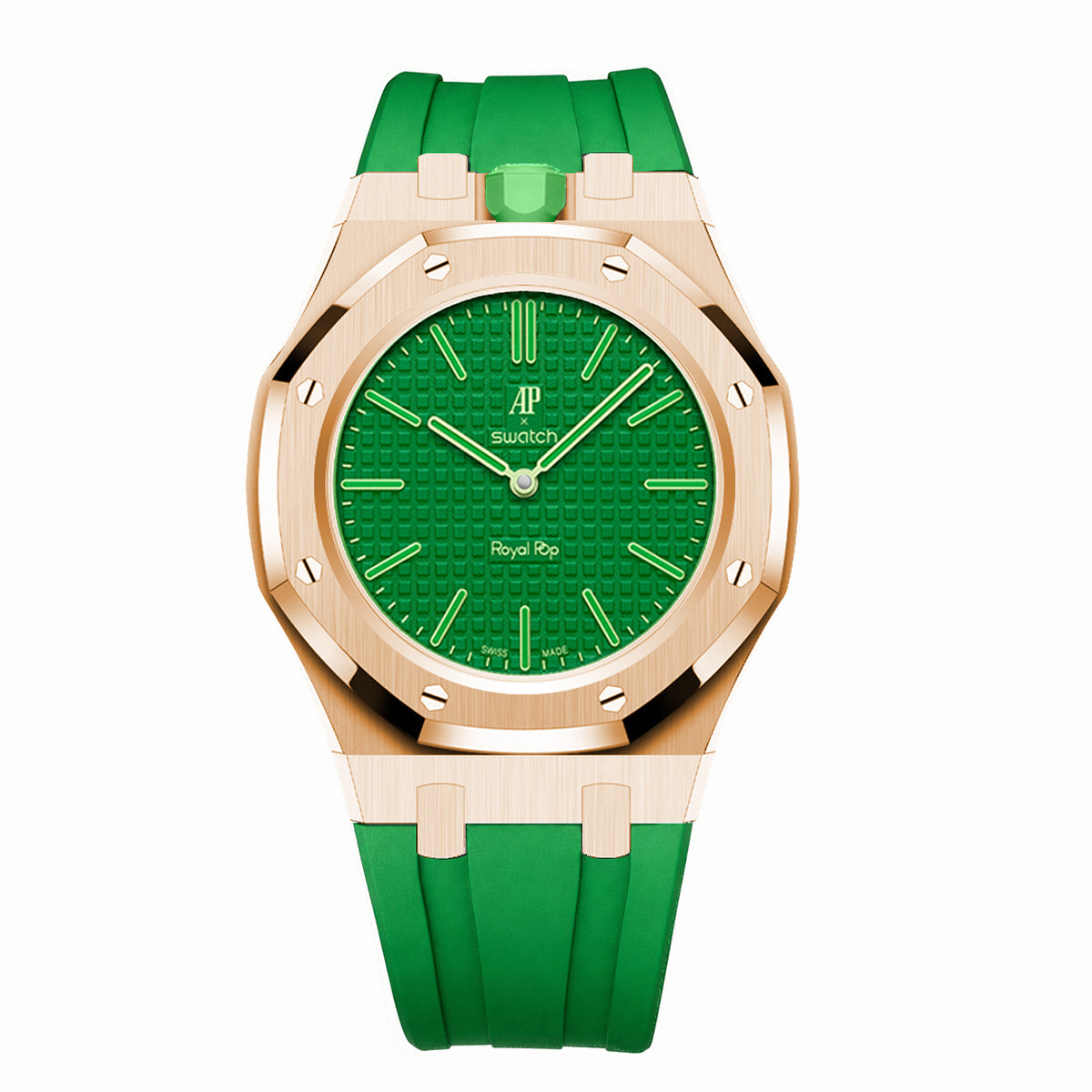 Full Frame Stainless Steel Rosé Gold Plain Rubber Strap Case for AP X Swatch Royal Pop Green Eight