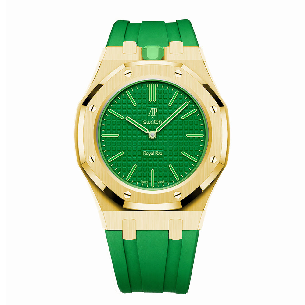 Full Frame Stainless Steel Yellow Gold Rubber Strap Case for AP X Swatch Royal Pop Green Eight