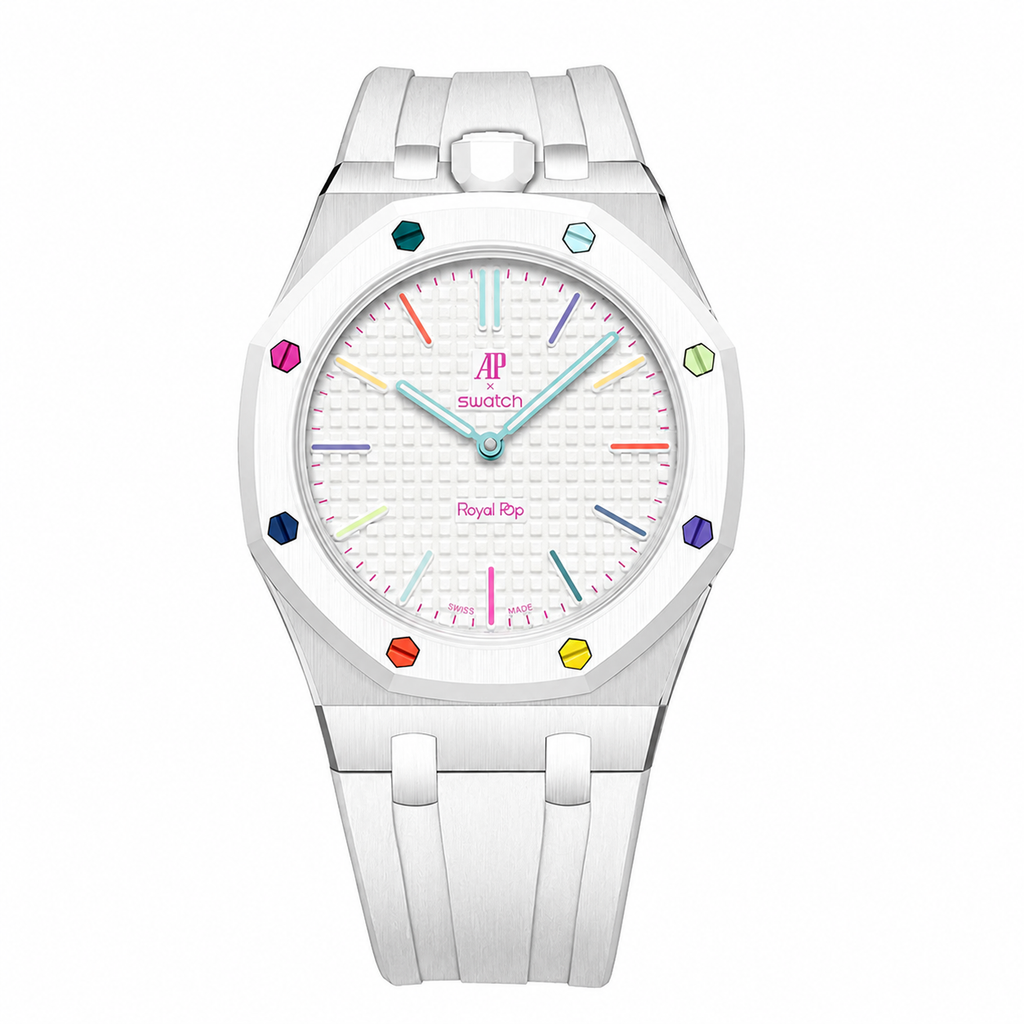 Stainless Steel Rubber Strap Case For AP x Swatch Royal Pop Huit Blanc