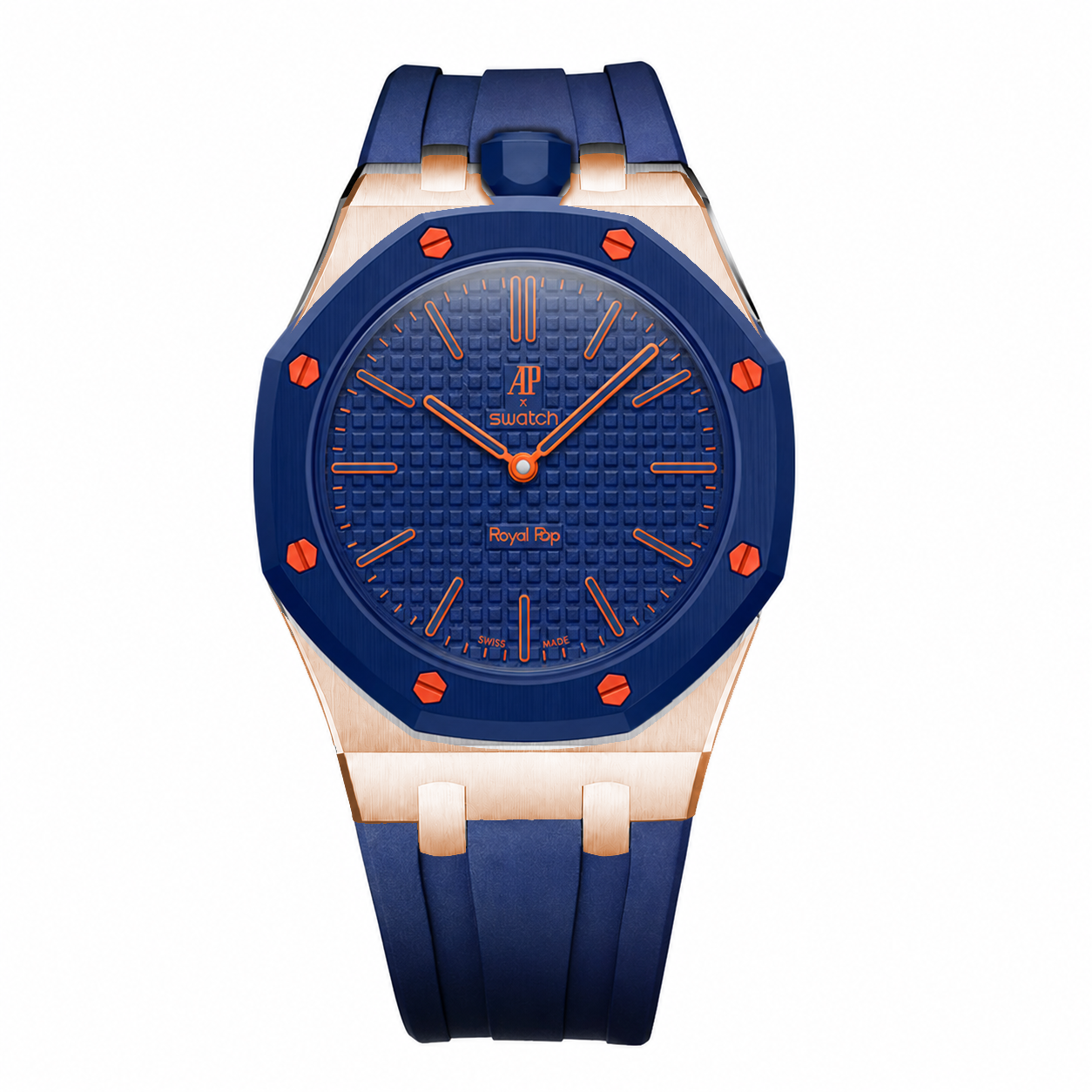 Stainless Steel Rosé Gold Rubber Strap Case For AP x Swatch Royal Pop Orenji Hachi