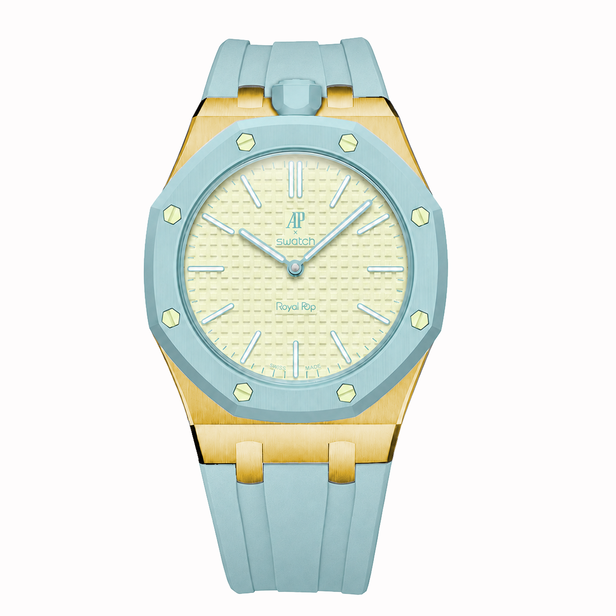 Stainless Steel Yellow Gold Rubber Strap Case For AP x Swatch Royal Pop Blaue Acht