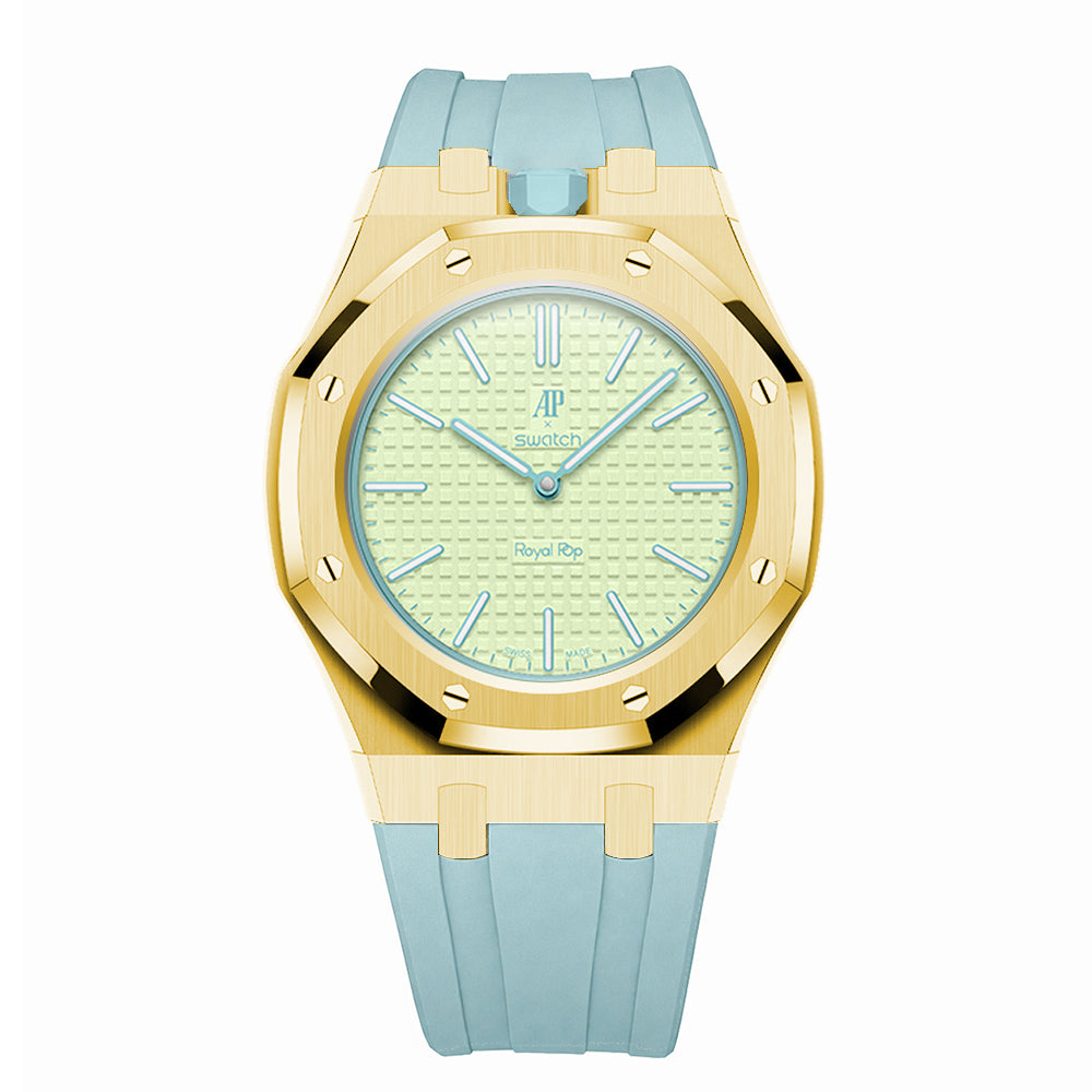 Full Frame Stainless Steel Yellow Gold Rubber Strap Case for AP X Swatch Royal Pop Blaue Acht