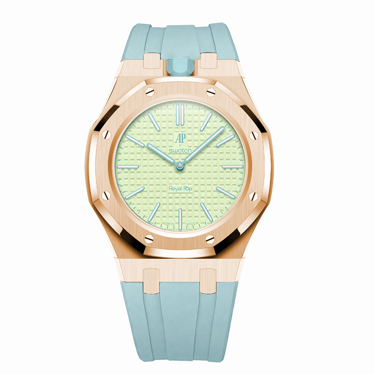 Full Frame Stainless Steel Rosé Gold Plain Rubber Strap Case for AP X Swatch Royal Pop Blaue Acht