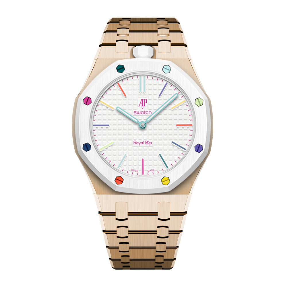 Stainless Steel Rosé Gold Bracelet Case For AP x Swatch Royal Pop Huit Blanc