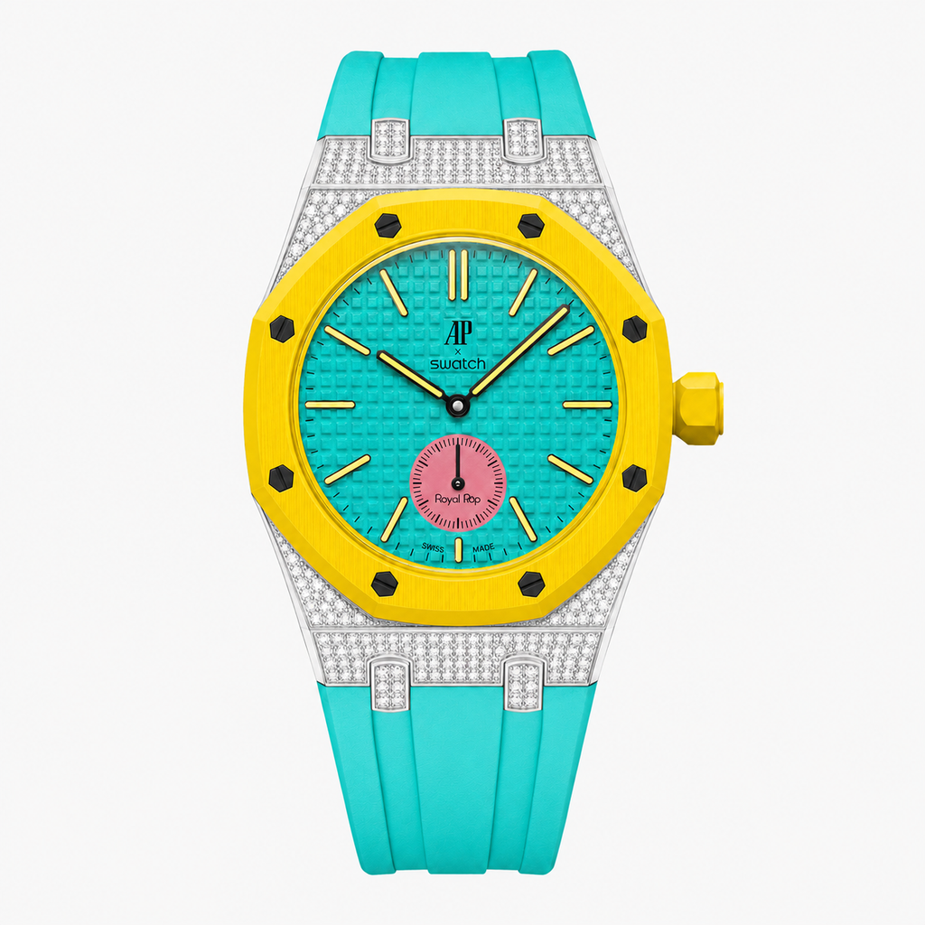 Moissanite Stainless Steel Rubber Strap Case For AP x Swatch Royal Pop OTG ROZ