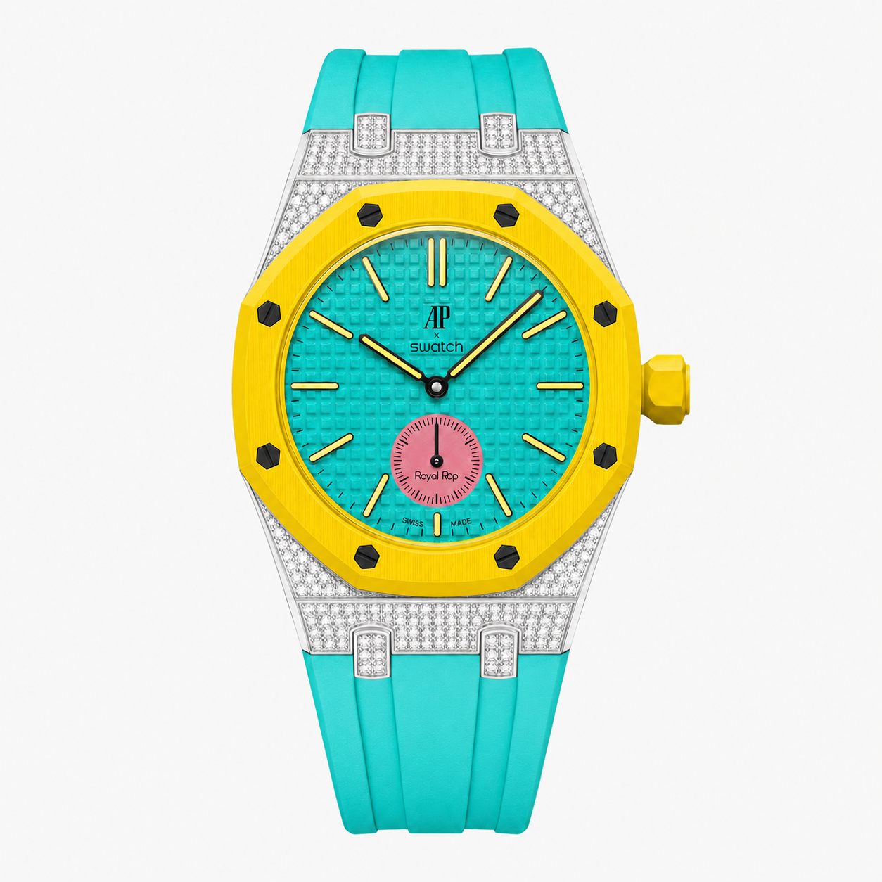 Moissanite Stainless Steel Rubber Strap Case For AP x Swatch Royal Pop OTG ROZ