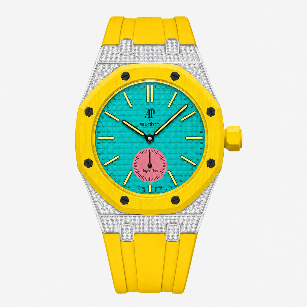 Moissanite Stainless Steel Rubber Strap Case For AP x Swatch Royal Pop OTG ROZ