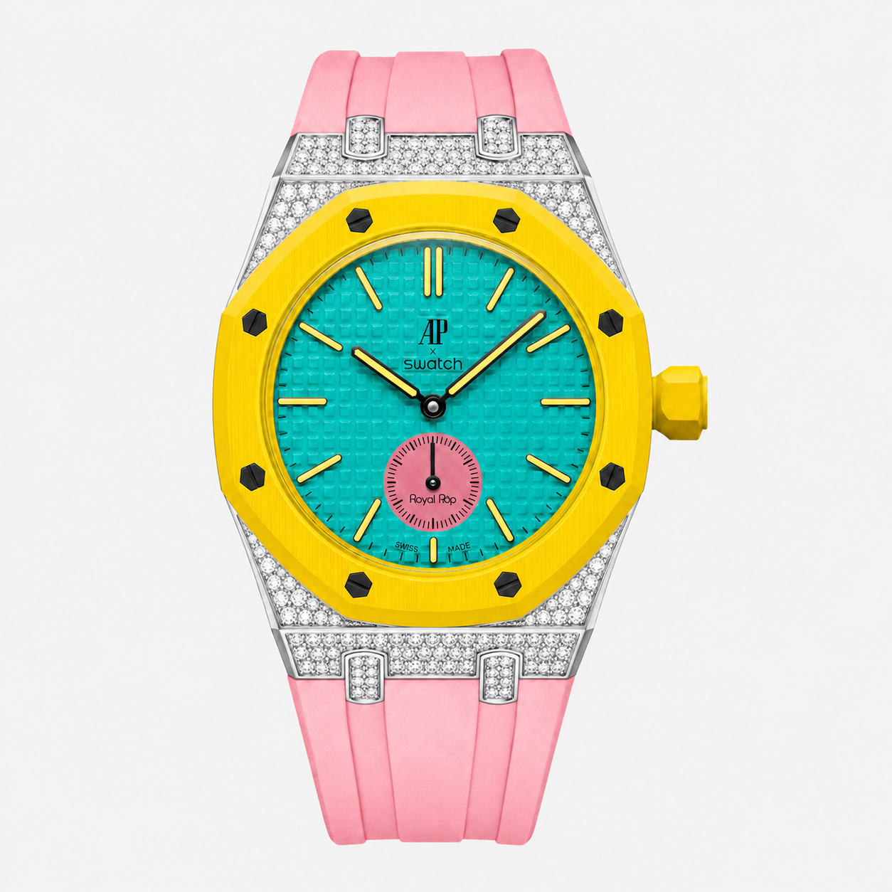 Moissanite Stainless Steel Rubber Strap Case For AP x Swatch Royal Pop OTG ROZ