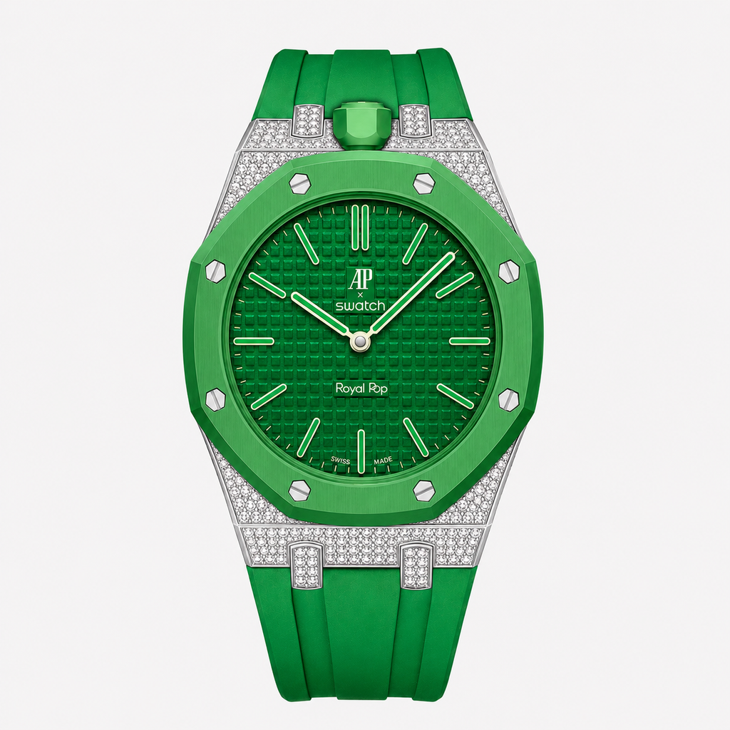 Moissanite Stainless Steel Rubber Strap Case For AP x Swatch Royal Pop Green Eight