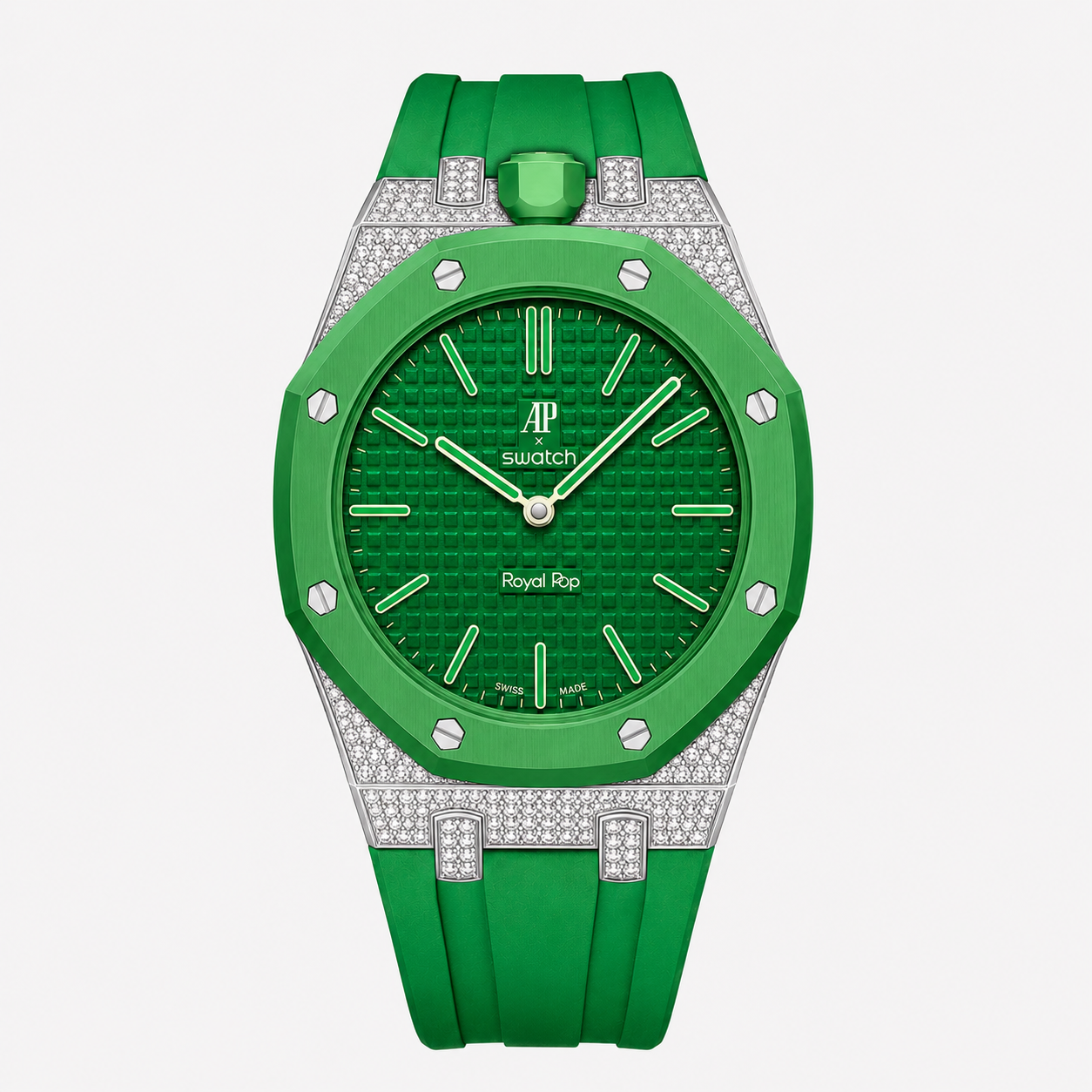 Moissanite Stainless Steel Rubber Strap Case For AP x Swatch Royal Pop Green Eight