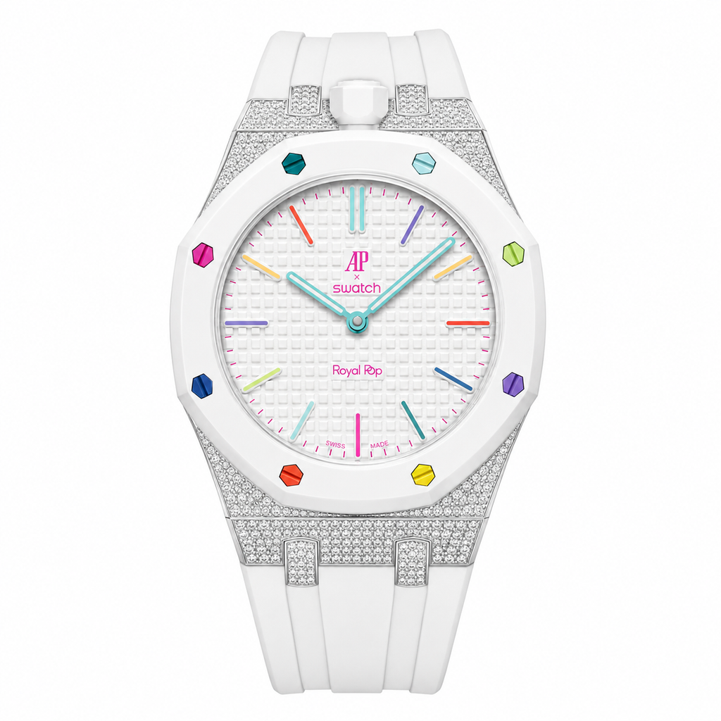 Moissanite Stainless Steel Rubber Strap Case For AP x Swatch Royal Pop Huit Blanc