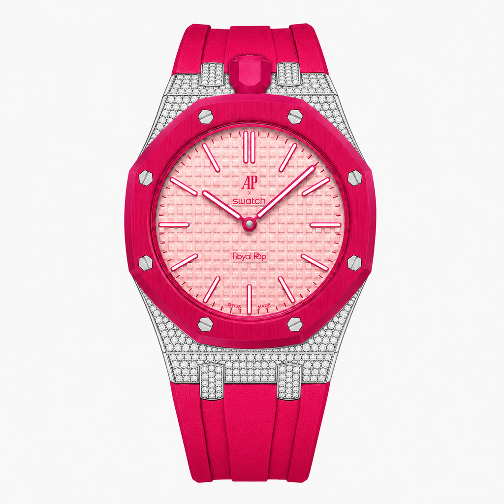 Moissanite Stainless Steel Rubber Strap Case For AP x Swatch Royal Pop Otto Rosso