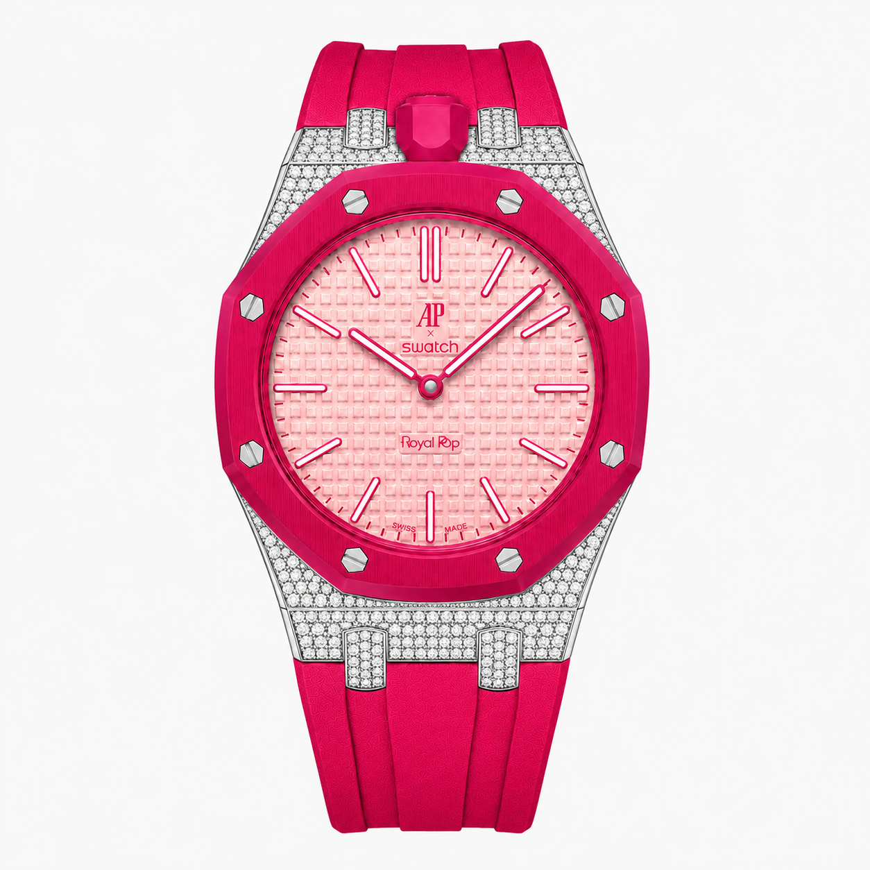 Moissanite Stainless Steel Rubber Strap Case For AP x Swatch Royal Pop Otto Rosso