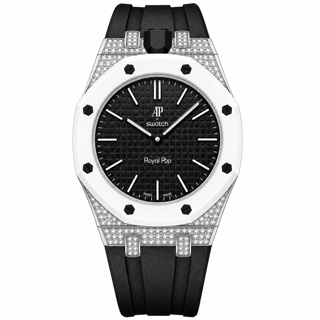 Moissanite Stainless Steel Rubber Strap Case For AP x Swatch Royal Pop Ocho Negro